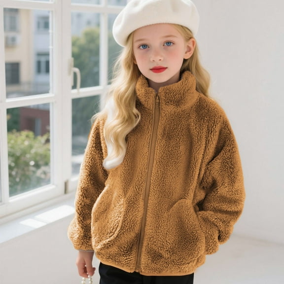 Boys Girls Sherpa Fleece Jacket Full-Zip Fuzzy Coat Kids Toddler Windproof Soft Winter Warm Outwear with Pocket 1-10Y