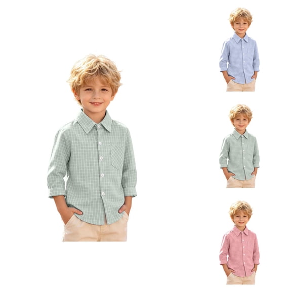 Boys Girls Shirts Long Sleeve Button Down Collared Checked Shirt with Chest Pocket Kids School Uniform 2-9 Years