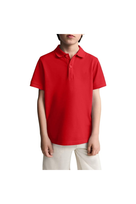 Boys Girls Shirts School Uniform Shirts Short Sleeve Casual Solid Color Collared Top Shirts (Red 140)