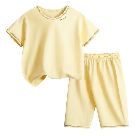Boys Girls Short Sets Solid Color Short Sleeve Pajamas T-Shirt and Shorts Outfits Summer 2-Piece Set for 2-12 Years