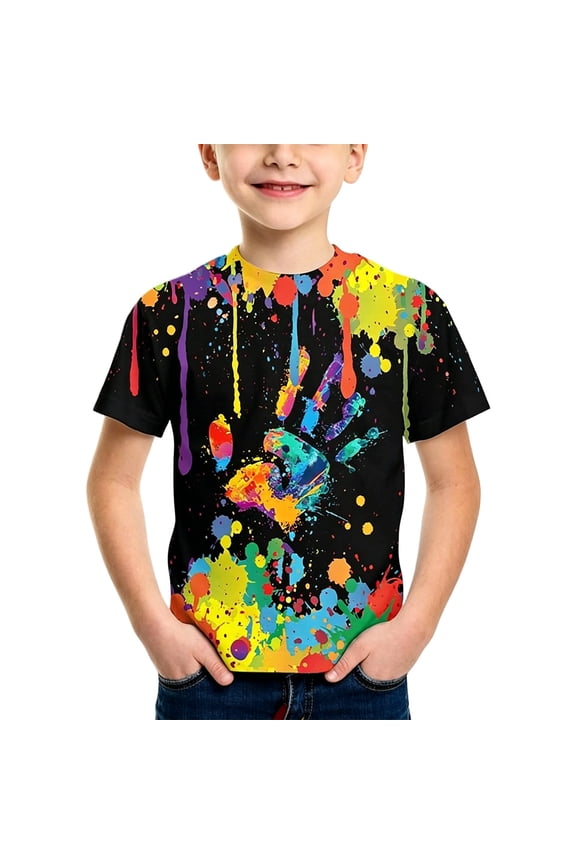 Boys Girls Short Sleeve Crew Neck Casual Tee, Colorful Paint Splash Print T-Shirt for Kids, Vibrant Graffiti Art Basic Top for Summer Wear(Black,8-9 Years)