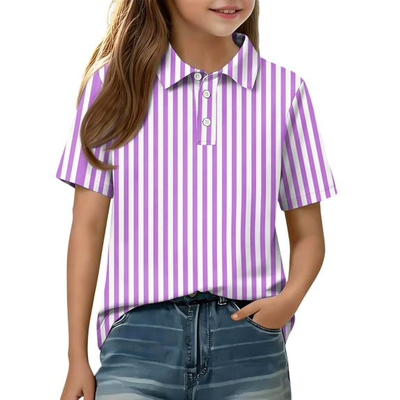 Boys Girls Short Sleeve Polo Shirt Cute Summer T-Shirts Striped Polo Shirts Purple 130