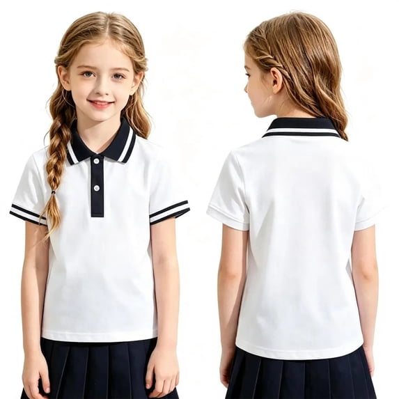 Boys Girls Short Sleeve School Uniform Pique Collared Button Polo Shirts Moisture Wicking Comfy Causal T Shirts, 160