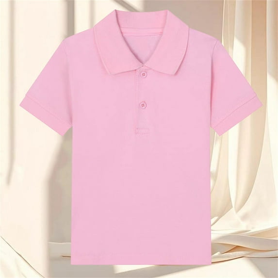 Boys Girls Short Sleeve Shirt Lapel Collar School Uniform Poplin Blouse Pink 8-9 Years