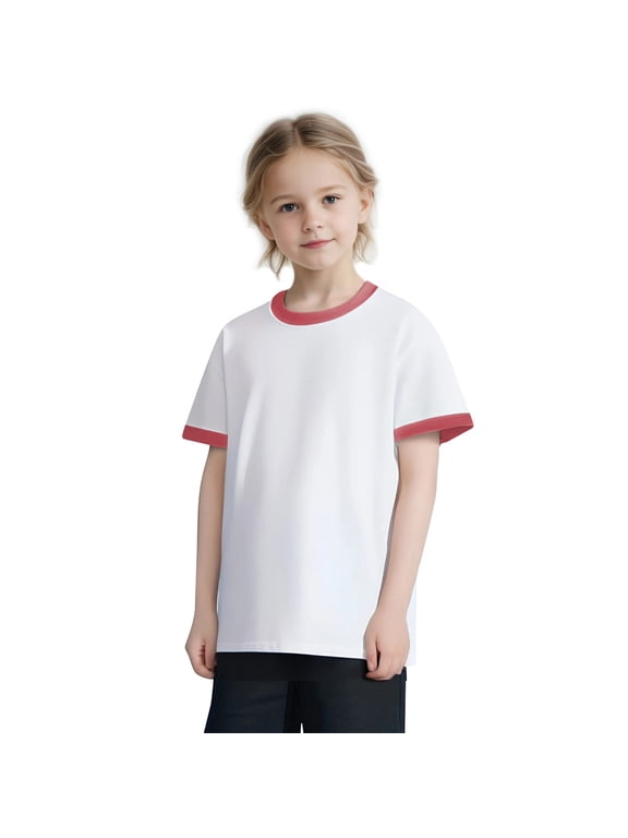 Boys Girls Short Sleeve T-Shirts Cotton Crewneck Tops 2-13 Years Toddlers Teens Casual Pullover Breathable Color-Block Athletic Workout Tees