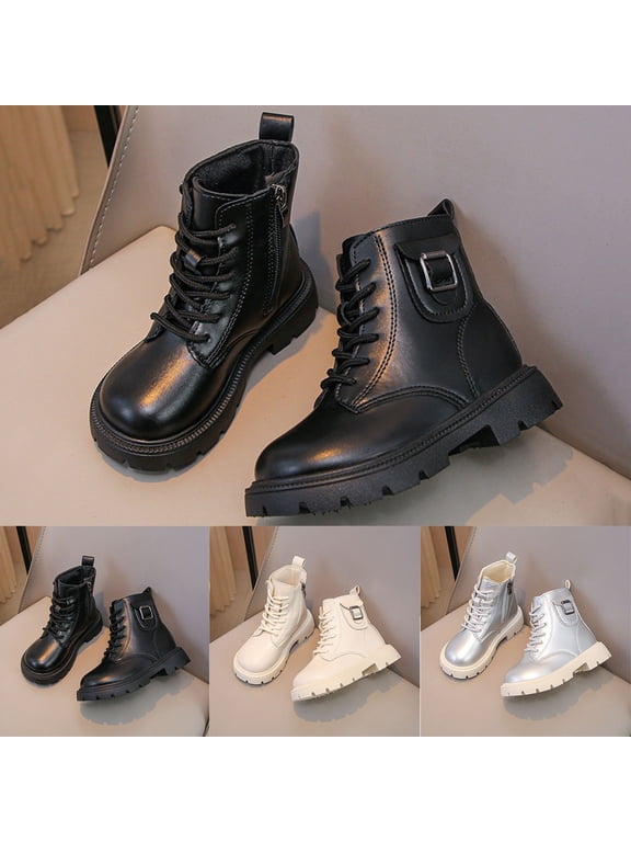 Boys Girls Side Zipper Combat Ankle Boots Riding Boots Lace Up Toddler Kids Lug Sole Slip Resistant Boots for Dressy Birthday Daily Causal Silver 37
