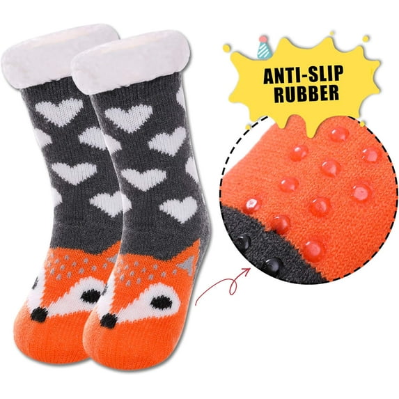 Boys Girls Slipper Socks Cute Animal, Fuzzy Winter Warm Fleece Lining Christmas Socks With Grippers (1Pairs)