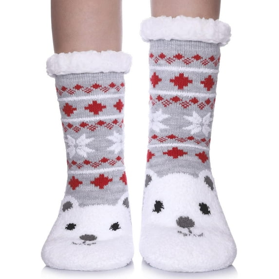 Boys Girls Slipper Socks Cute Animal, Fuzzy Winter Warm Fleece Lining Christmas Socks With Grippers (1Pairs)
