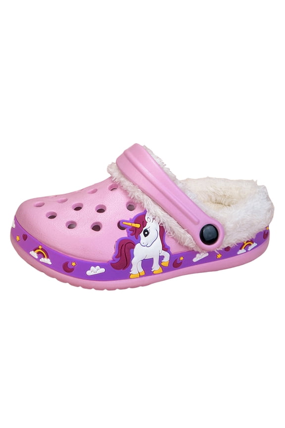 Boys Girls Slippers Cute Cartoon Hollow Out Clogs Winter Furry Lined Adjustable Slip on House Shoes