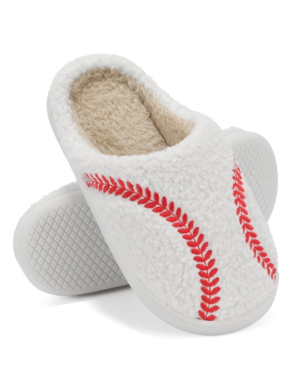 Boys Girls Slippers Faux Fur Kids Basketball Football Baseball Sports Slippers Cozy House Bedroom Home Shoes Non Slip Indoor Outdoor Baseball White Little Kids Size L2/L3