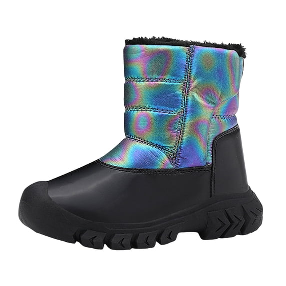 Boys Girls Snow Boots Shiny Mid Calf Waterproof Anti-Slip Platform Winter Warm Hook and Loop Booties