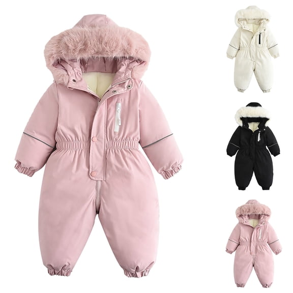 Boys Girls Snowsuit 1-4ears Unisex Children Fashionable Solid Color Windproof Warm Thickened Velvet Outdoor Sport Skiing Hooded Jumpsuit