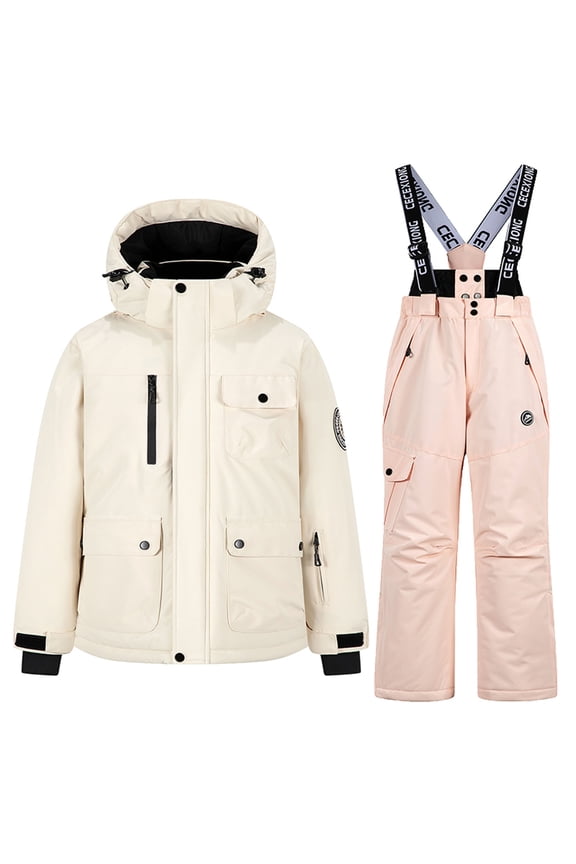 Boys Girls Snowsuits Ski Suits Winter Thick Waterproof Windproof 2 Piece Snow Wear Sets 3-14Y Winter Bibs Jacket (11-12 Years, Pink)