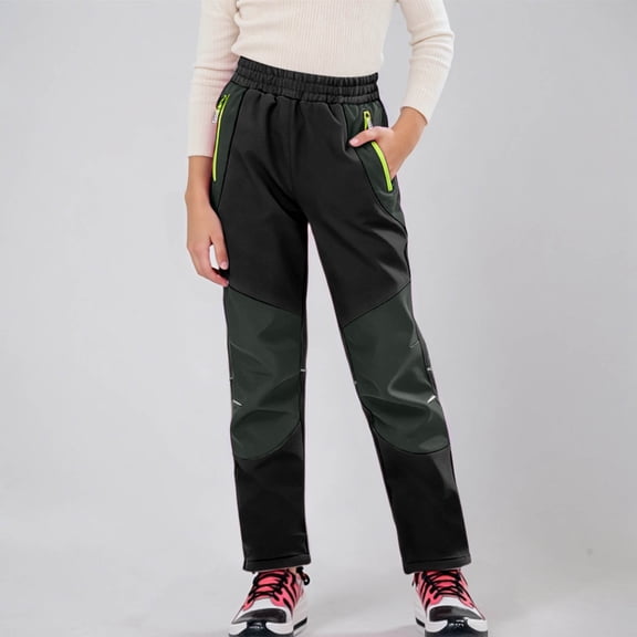 Boys Girls Softshell Hiking Pants Lined Skiing Snow Pants (Green 8-9 Years)