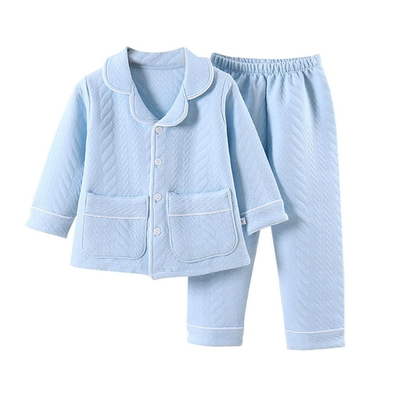 Boys and Girls Solid Color Long Sleeve Home Wear Set Thickened Air Layer Cardigan Three-layer Soft Comfortable Pajama Outfit for Everyday Use Light Blue 110