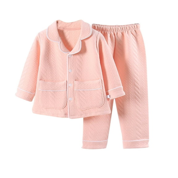 Boys and Girls Solid Color Long Sleeve Home Wear Set Thickened Air Layer Cardigan Three-layer Soft Comfortable Pajama Outfit for Everyday Use Pink 150