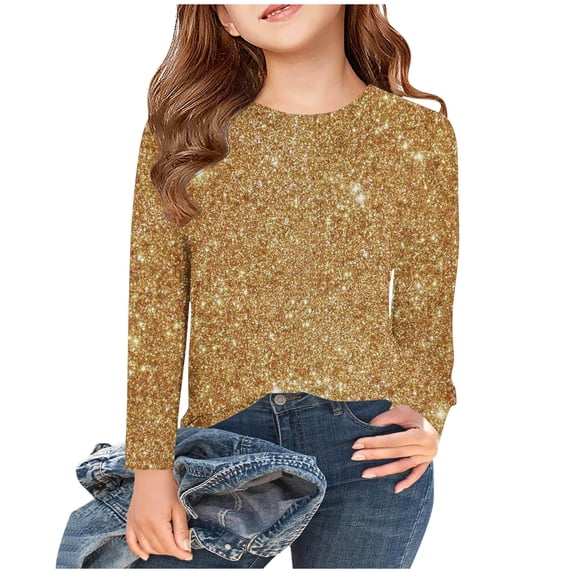 Boys Girls Sparkle-Print Tshirt Long Sleeve Crewneck Shirt Casual Trendy Basic Top for Daily Wear & Festive Gatherings (3-14Y)