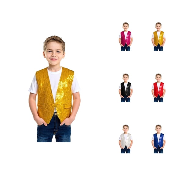 Boys Girls Sparkly Sequin Vest Jazz Hop Dance Tops Sleeveless Open Front Vest Jacket Shiny Dance Top