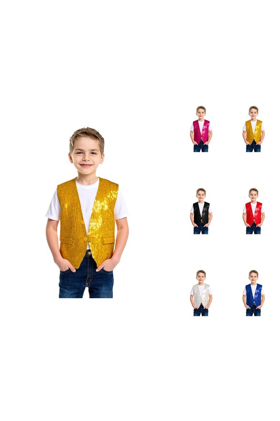 Boys Girls Sparkly Sequin Vest Jazz Hop Dance Tops Sleeveless Open Front Vest Jacket Shiny Dance Top