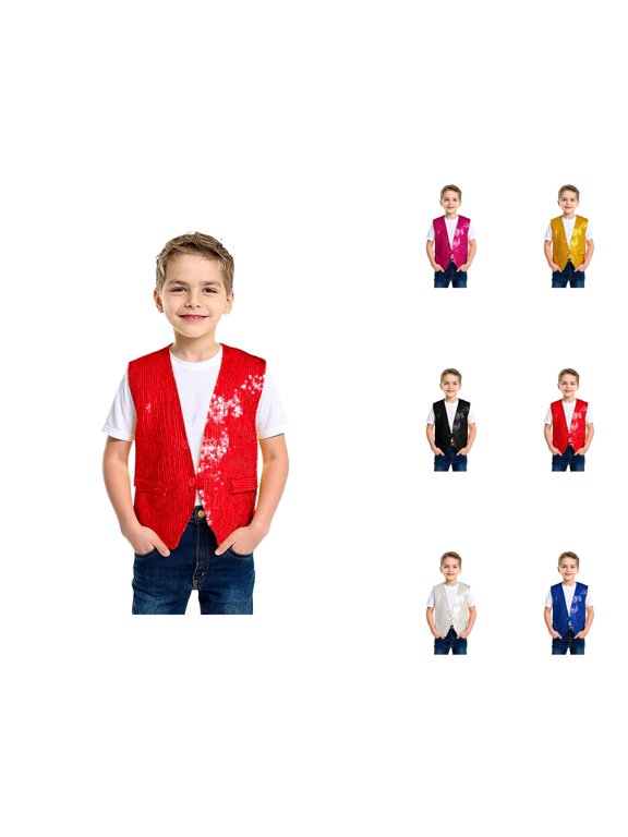 Boys Girls Sparkly Sequin Vest Jazz Hop Dance Tops Sleeveless Open Front Vest Jacket Shiny Dance Top
