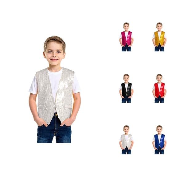 Boys Girls Sparkly Sequin Vest Jazz Hop Dance Tops Sleeveless Open Front Vest Jacket Shiny Dance Top