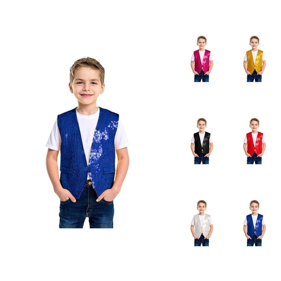 Boys Girls Sparkly Sequin Vest Jazz Hop Dance Tops Sleeveless Open Front Vest Jacket Shiny Dance Top