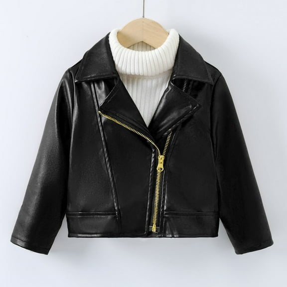 Boys Girls Spring Motorcycle Faux Leather Jackets with Oblique Zipper Autumn/Winter Lapel Zipper Leather Coat
