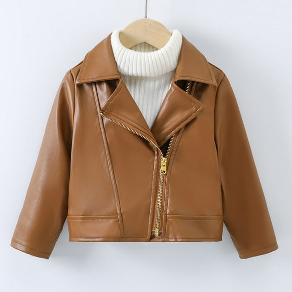 Boys Girls Spring Motorcycle Faux Leather Jackets with Oblique Zipper Autumn/Winter Lapel Zipper Leather Coat