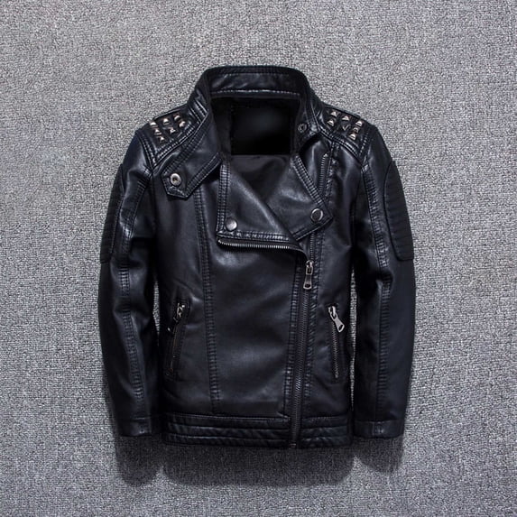 Boys Girls Spring Motorcycle Leather Jackets with Oblique Zipper Studded Kids Jacket Coat Black 9-10 Years