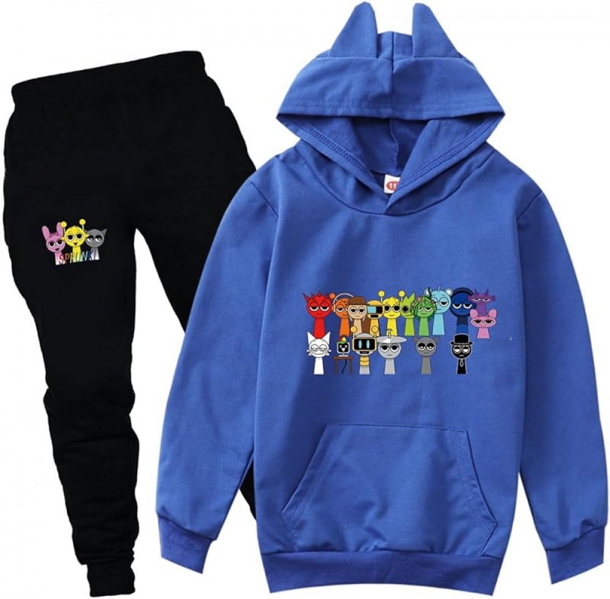 Sprunki Kids Hoodie & Pants Set – 65% Cotton 35% Polyester, Cartoon Print, Machine Wash, Spring/Fall Outfit
