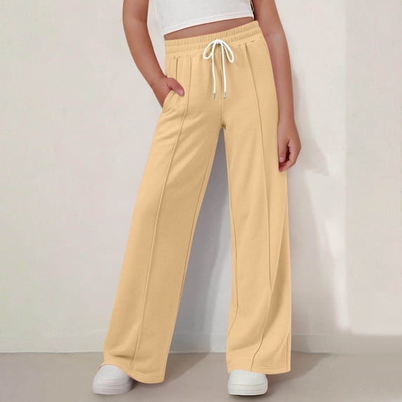 Boys Girls Straight Leg Pants Solid Color Elastic Waist Drawstring Baggy Pants Teens Casual Comfy Trousers for Everyday Wear Yellow 7-8 Years