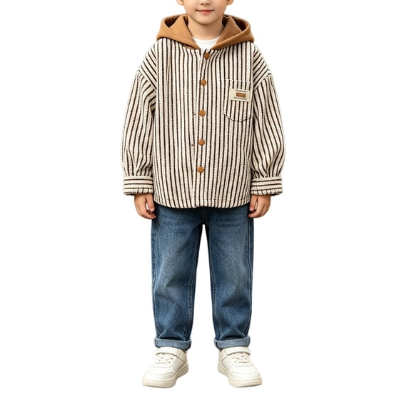 Boys Girls Striped Hooded Jacket Oversized Drop Shoulder Shacket Lightweight Fleece Sweatshirt Outerwear Textured Knit Hoodie
