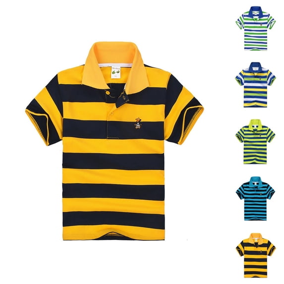 Boys Girls Striped Polo Shirt Short Sleeve School Uniform Shirt Button Closure Collared Top Soft Casual Shirt for Kids School Activities