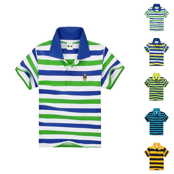 Boys Girls Striped Polo Shirt Short Sleeve School Uniform Shirt Button Closure Collared Top Soft Casual Shirt for Kids School Activities