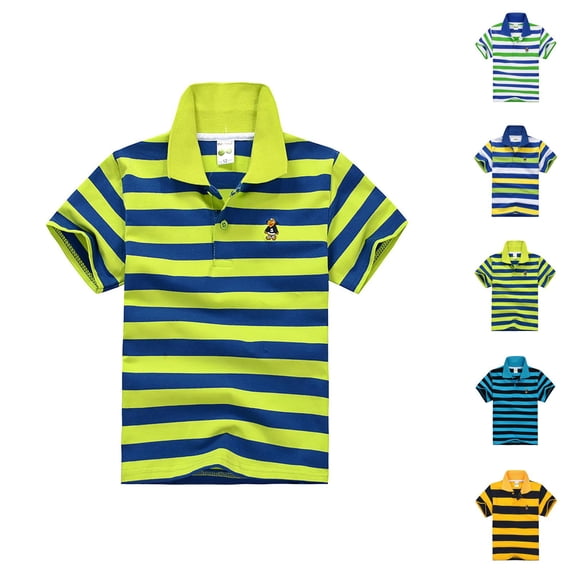 Boys Girls Striped Polo Shirt Short Sleeve School Uniform Shirt Button Closure Collared Top Soft Casual Shirt for Kids School Activities
