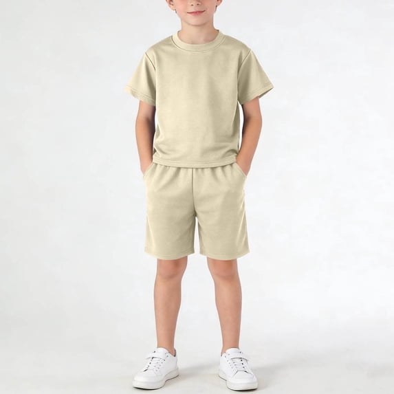 Boys Girls Summer Outfits Comfy Solid Color Casual Short Sleeve Round Neck T-Shirt + Shorts 2 Pieces Tracksuits Sets with Pockets Beige 9-10 Years