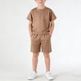 thumbnail image 1 of Boys Girls Summer Outfits Comfy Solid Color Casual Short Sleeve Round Neck T-Shirt + Shorts 2 Pieces Tracksuits Sets with Pockets Coffee 2-3 Years, 1 of 7