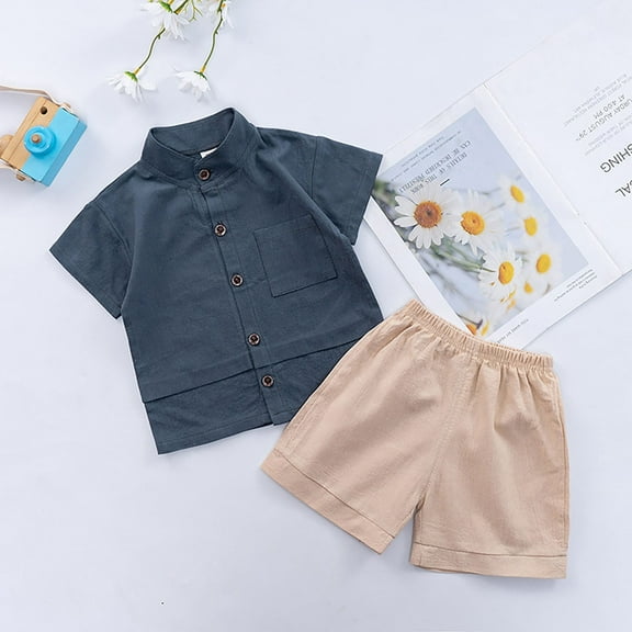Boys & Girls Summer Sets Two Piece Outfits 6M-5Y Newborn Toddlers Kids Lightweight Solid Short Sleeve Shirts and Shorts Set with Pocket