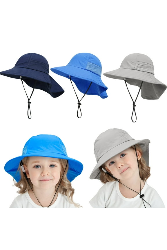 Boys Girls Summer Sun Hat UPF 50+ Wide Brim Collar Flip Beach Cap for 1-7 Years Play/Dark Blue