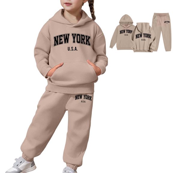 Boys Girls Sweatsuit Set 2 Piece Long Sleeve Letter Printing Khaki Pullover Hoodie Sweatshirt and Active Jogger Pants Warm Fall Winter Clothes Girl Clothes 2T