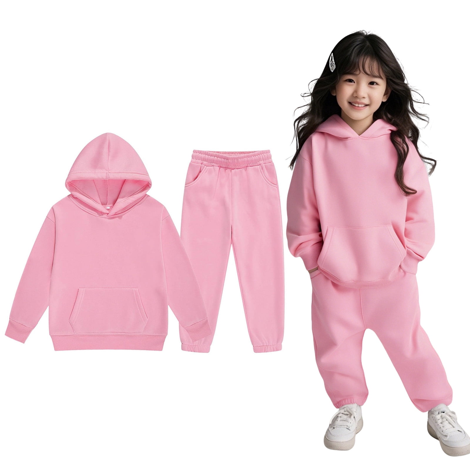 Girls Winter Fleece Tracksuit – Pink Printed Sweatshirt & Trouser Set for Kids main image 0