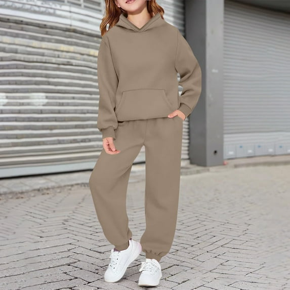 Girls Boys Sweatsuit Set 2PC Long Sleeve Khaki Tracksuit Pullover Hoodie and Active Jogger Pants Winter Clothes Clothes for Teen Girls 13-14 Years