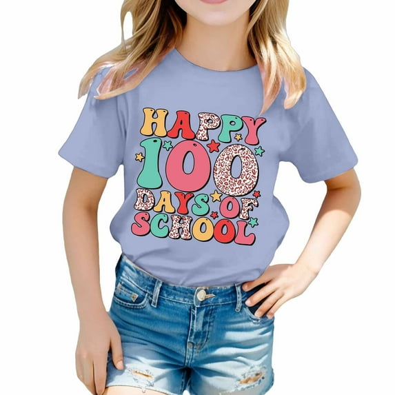 Boys Girls T-Shirt 100 Day Of School Printing Graphic Tees Summer Casual Crew Neck Short Sleeve T Shirt Kids Shirts Light Gray 8-9 Years