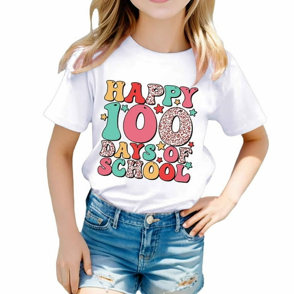 Boys Girls T-Shirt 100 Day Of School Printing Graphic Tees Summer Casual Crew Neck Short Sleeve T Shirt Kids Shirts White 8-9 Years