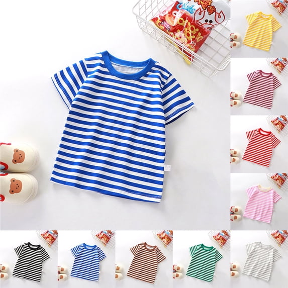 Boys Girls T Shirts Kids Colorful Striped Basic Shirt (Blue 3-4 Years)