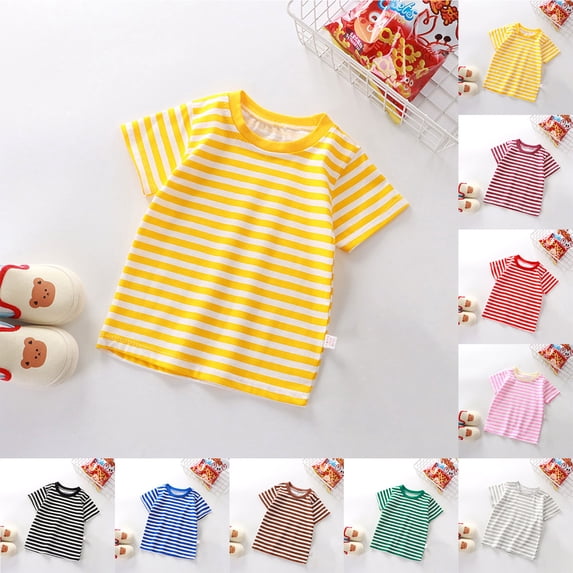 Boys Girls T Shirts Kids Colorful Striped Basic Shirt (Yellow 18-24 Months)