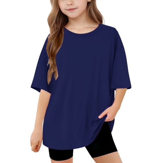 Boys Girls T Shirts Loose Fitting Short Sleeve Tees Crew Neck Color Block Summer Tops for Teen 2025 New Fashion Navy 10Y
