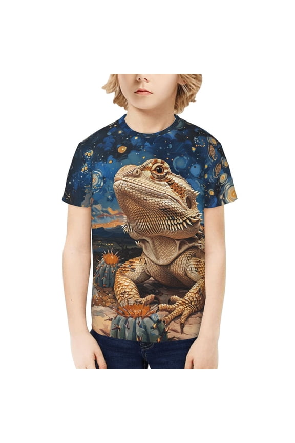 Boys Girls T Shirts Short Sleeve 3D Print Summer Tee for Kids, Bearded Dragon Lizards Retro Starry