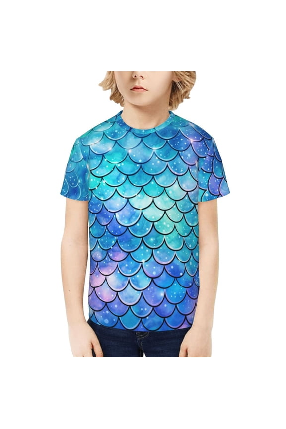 Boys Girls T Shirts Short Sleeve 3D Print Summer Tee for Kids, Mermaid Scales Fish Scale Blue