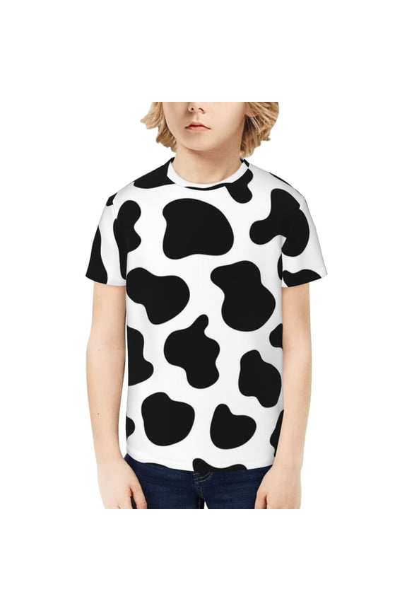 Boys Girls T Shirts Short Sleeves 3D Summer Kids Tee Tops, Black And White Cow Skin Print
